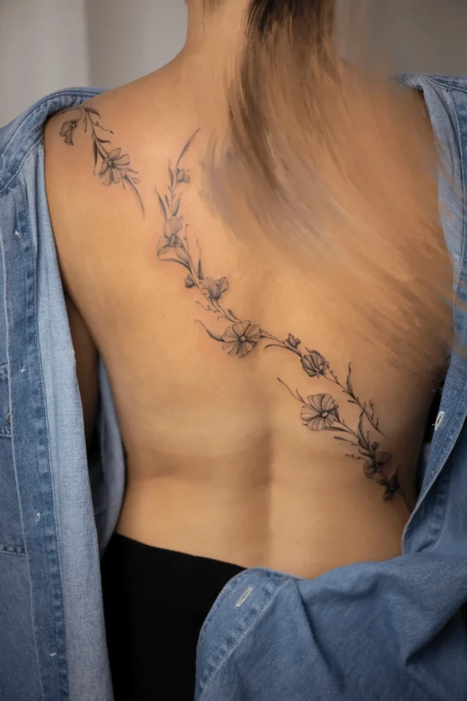 Subtelny tatuaż na plecach przedstawiający kwiaty groszku pachnącego, wykonany techniką cienkiej linii fineline przez Wikę Olejnik w Częstochowie.