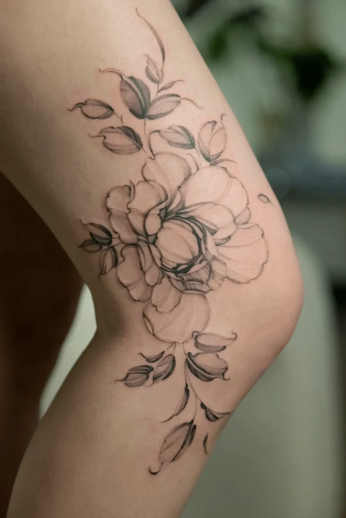 Bardzo delikatny tatuaż fineline na nodze (nad kostką) przedstawiający subtelną gałązkę z listkami. Wykonanie: Wika Olejnik, Częstochowa.