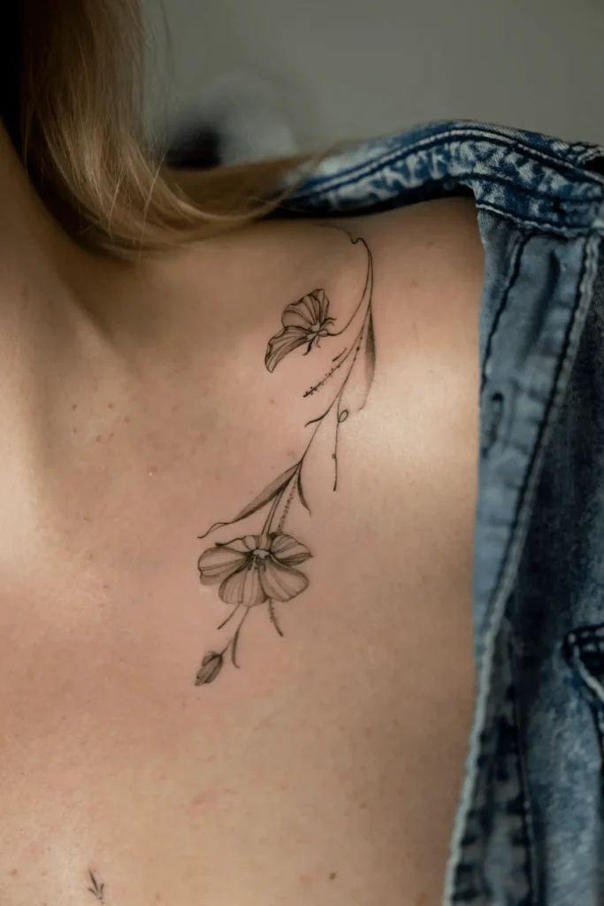 Bardzo subtelny tatuaż fineline na obojczyku przedstawiający delikatne kwiaty i liście (groszek pachnący) w kobiecej kompozycji. Wykonanie: Wika Olejnik, Częstochowa.