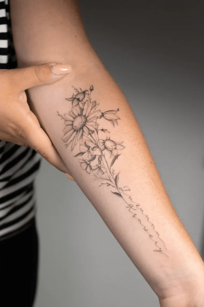 Subtelny tatuaż fineline na przedramieniu przedstawiający bukiet polnych kwiatów z wkomponowanymi imionami dzieci – Wika Olejnik