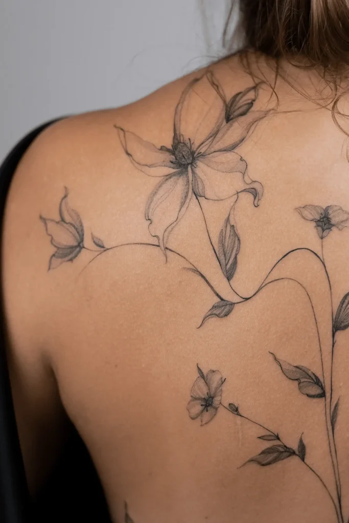 Zbliżenie na detal tatuażu fineline przedstawiającego kwiaty z delikatnym cieniowaniem na plecach – widoczna precyzja wykonania Wiki Olejnik.