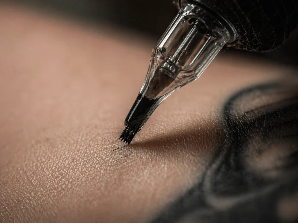 Tatuaż Częstochowa – zbliżenie igły tatuatorskiej z tuszem zbliżającej się do skóry podczas wykonywania tatuażu.