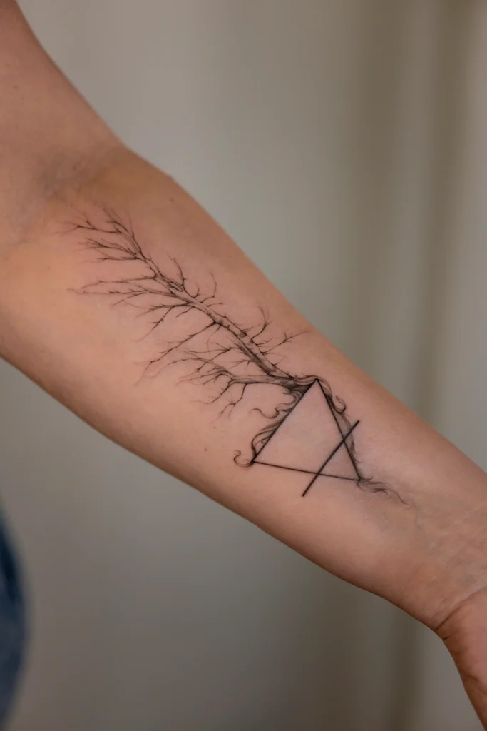 atuaż konceptualny przedstawiający drzewo wyrastające z trójkąta – mikrorealizm i geometria Częstochowa
