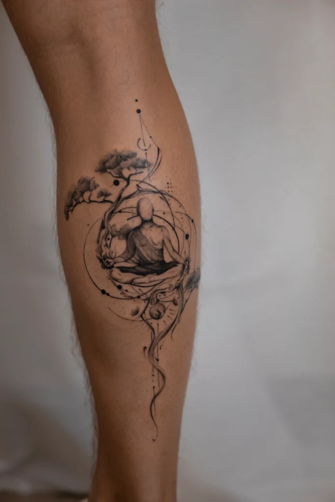 Mikrorealistyczny tatuaż na łydce przedstawiający medytującą postać pod drzewem bonsai – Wika Olejnik Częstochowa