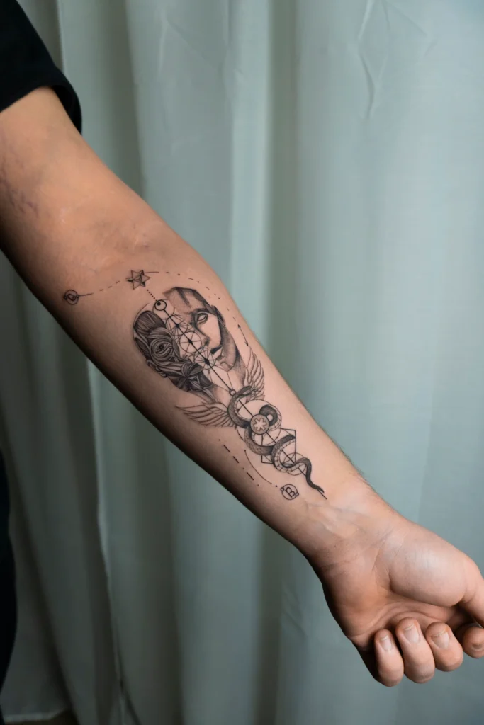 Tatuaż konceptualny na przedramieniu łączący mikrorealizm twarzy z geometrią i motywem węża – Wika Olejnik