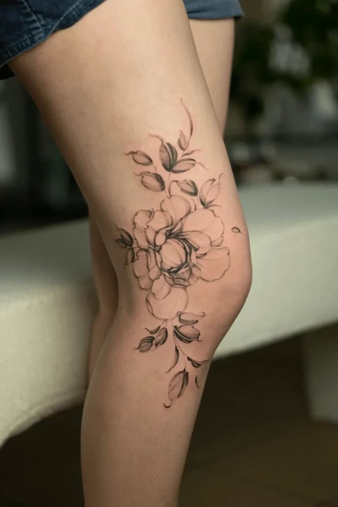 Subtelny tatuaż botaniczny przedstawiający centralny kwiat i delikatne pnącza liści, wykonany w stylu fineline na udzie tuż nad kolanem. Wykonanie: Wika Olejnik, Częstochowa.
