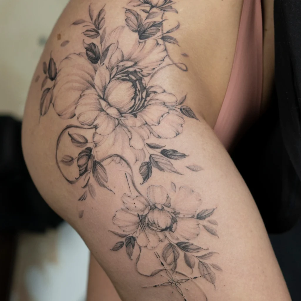 Delikatny tatuaż kwiatowy na biodrze i udzie przedstawiający peonie, wykonany metodą cienkiej linii i cieniowania.