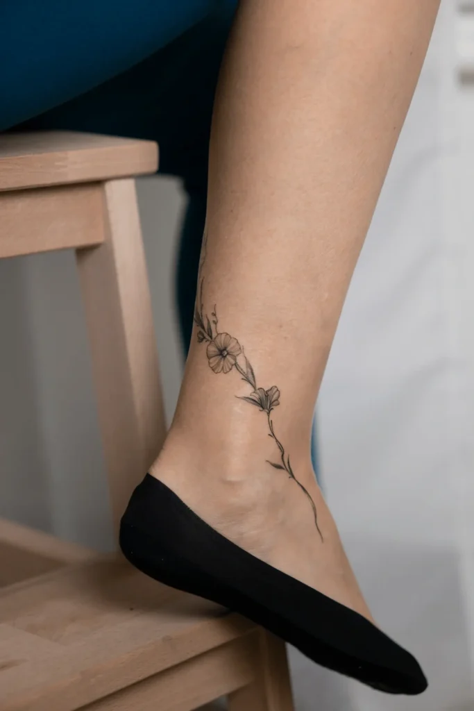 Subtelny tatuaż na kostce i stopie przedstawiający polne kwiaty i pnącze, wykonany techniką cienkiej linii przez Wikę Olejnik w Częstochowie.