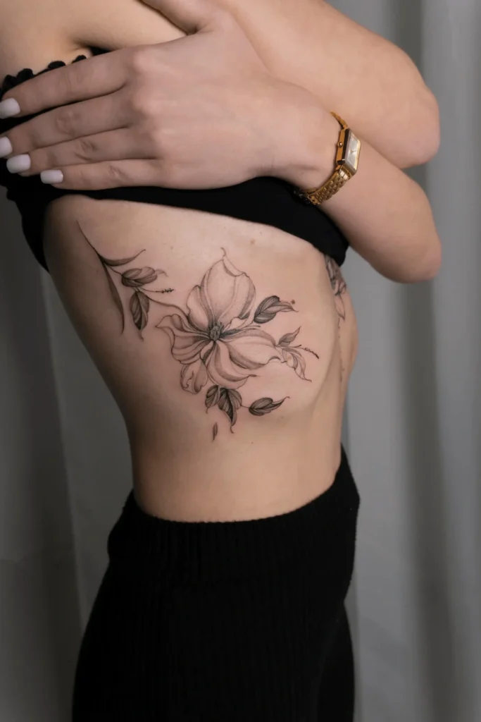 Delikatny kobiecy tatuaż na żebrach przedstawiający duży, eteryczny kwiat z liśćmi w stylu fineline. Projekt i wykonanie: Wika Olejnik, Częstochowa.