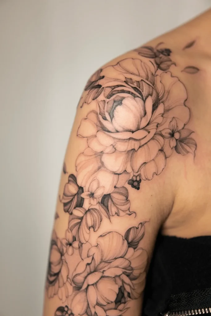 Kobiecy tatuaż botaniczny na barku i ramieniu przedstawiający piwonie w pełnym rozkwicie, wykonany precyzyjną techniką fineline przez Wikę Olejnik w Częstochowie.