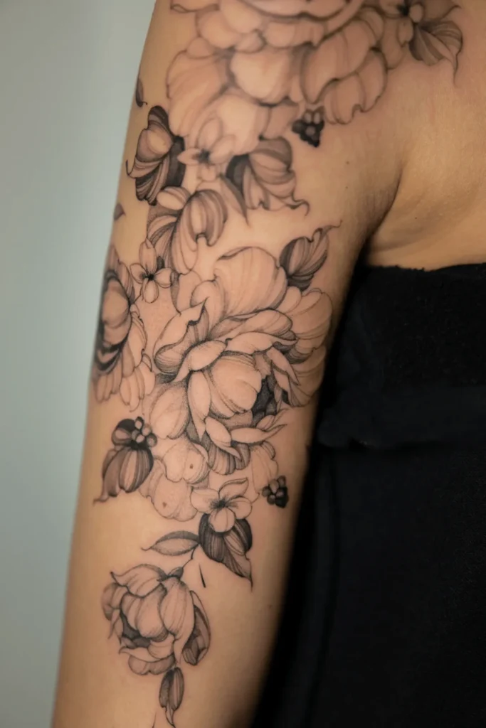 Szczegółowy kobiecy tatuaż na ramieniu przedstawiający bogatą kompozycję piwonii z delikatnym cieniowaniem, wykonany w stylu fineline przez Wikę Olejnik w Częstochowie.