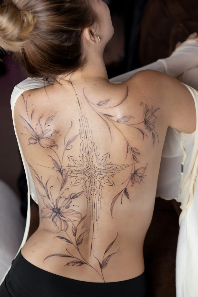 Wielkoformatowy kobiecy tatuaż na plecach w stylu fineline, przedstawiający subtelne lilie połączone z lekkimi, organicznymi pnączami wzdłuż kręgosłupa.