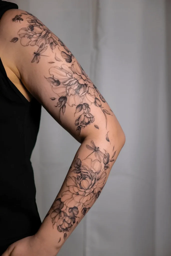Pełny kobiecy tatuaż rękaw w stylu fineline przedstawiający piwonie, ważkę i pszczołę z delikatnym cieniowaniem. Wykonanie: Wika Olejnik, Częstochowa.